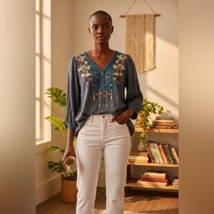 ANDREE BY UNIT Floral Embroidered Gray Tunic